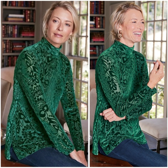 SOFT SURROUNDINGS Preppy Feminine Lightweight Floral Velvet Turtleneck Top Sz L - Picture 1 of 12